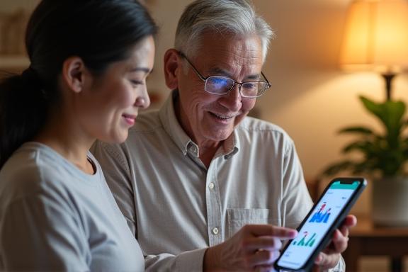 Family caregiver learning AI monitoring tools to help elderly parent in Singapore