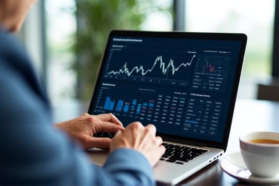 Retired Singapore professional reviewing AI finance dashboard on laptop