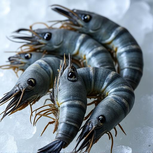 Plump Black Tiger Prawns on ice