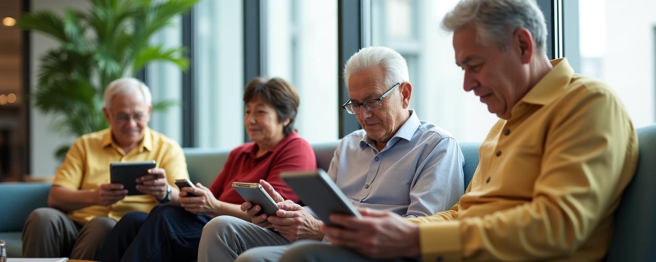 Active Singapore seniors aged 70+ using ChatGPT on tablets in a bright modern condo lounge