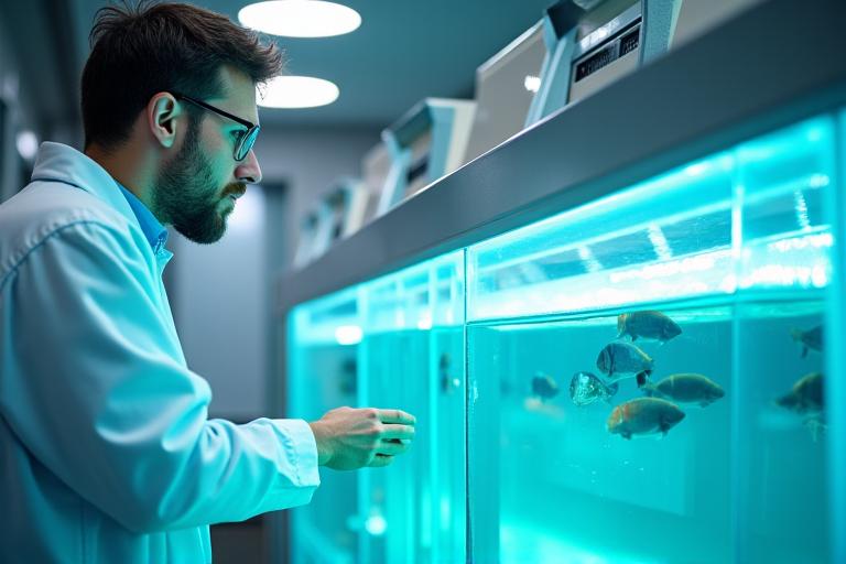 Aquaculture expert inspecting fish tanks